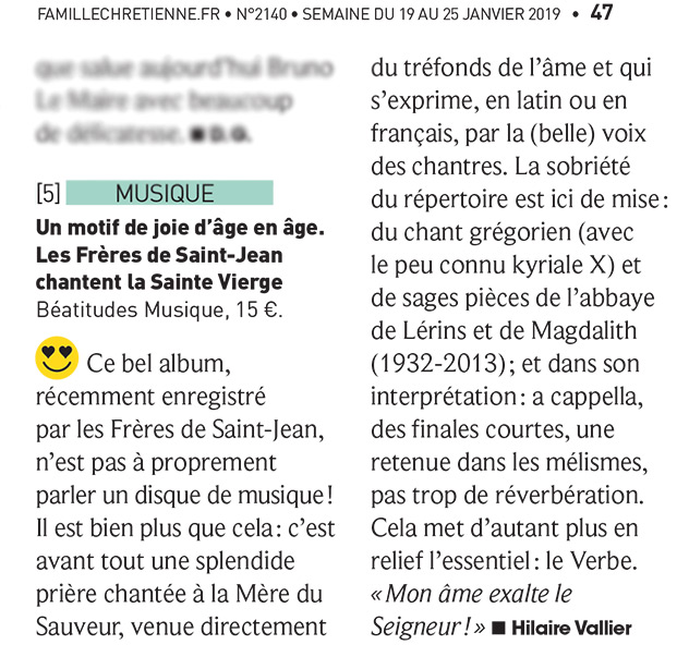 freres_saint_jean_critique_famille_chretienne Frères de Saint-Jean : Recension Famille Chrétienne pour le CD Un motif de Joie